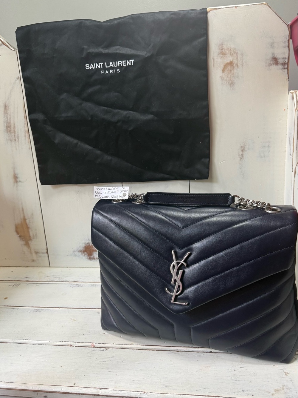 Saint Laurent Lou Lou Navy Quilted Chevron YSL with Silver Hardware Bag